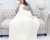 FREE SHIPPING, Jumbo chenille Blanket, Blanket with pom poms, Hand Knit Blanket, gift