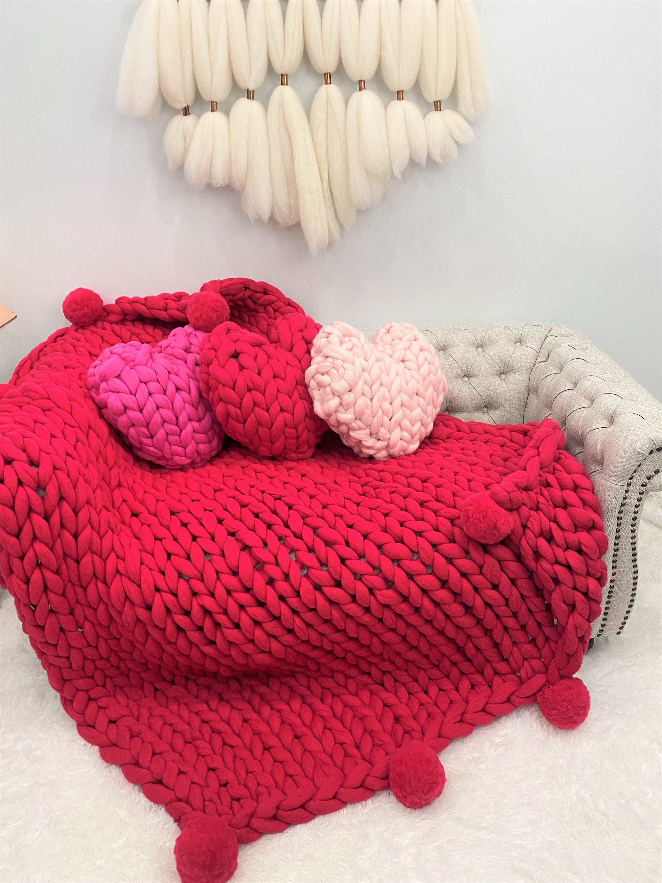 Chunky Knit Merino Wool Blanket With Pom Poms Merino Wool Throw Hand Knit Wool Blanket Merino Wool Blanket Gift Etsy Canada