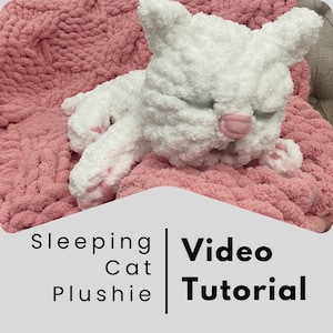 May include: A white sleeping cat plush toy with pink details, lying on a pink, chunky knit blanket. The cat has closed eyes and pink paws. The image includes the text "Sleeping Cat Plushie Video Tutorial."