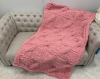 Chunky Knit Blanket, Chunky Chenille blanket, Basketweave with Cable, Knitted Blanket, Hand knit, Cable knit throw, Mother's Day gift