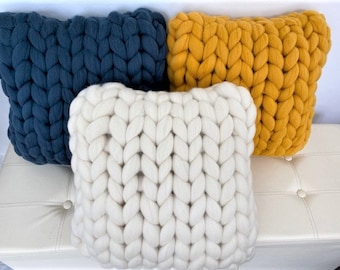 Chunky Knit Pillow, Square Pillow, Super Chunky Pillow, Arm Knit, Merino Wool, Giant Knit,  gift
