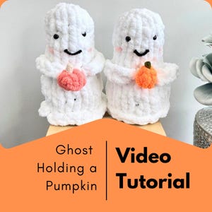 May include: Two white, plush ghost figures, each holding a small, orange pumpkin. The ghosts have black eyes and smiling mouths. The image includes text that reads "Ghost Holding a Pumpkin" and "Video Tutorial".