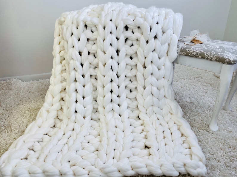 Chunky Knit Blanket Chunky Vegan Yarn Blanket Double Rib Etsy