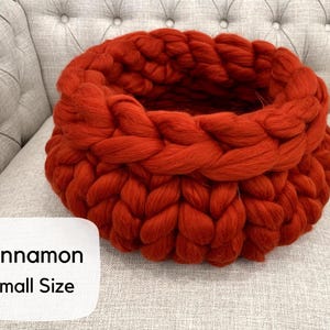 May include: A round, chunky knit basket crafted from thick, rust-orange yarn with a prominent braided texture. A white rectangular label in the lower left corner features the black text Cinnamon Small Size, indicating the color and size.