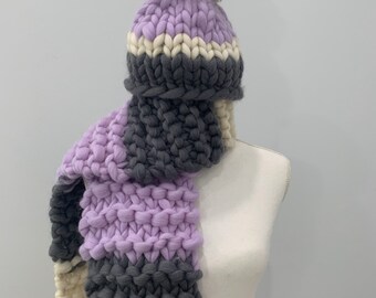 DIY Kit, Scarf and Hat set, Chunky yarn, Merino Wool, Knit, Needles