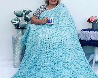 Chunky Knit Blanket, Chunky Chenille yarn blanket, 3x3 Basket weave pattern, Chenille Blanket, Hand Knit, Mother's Day Gift