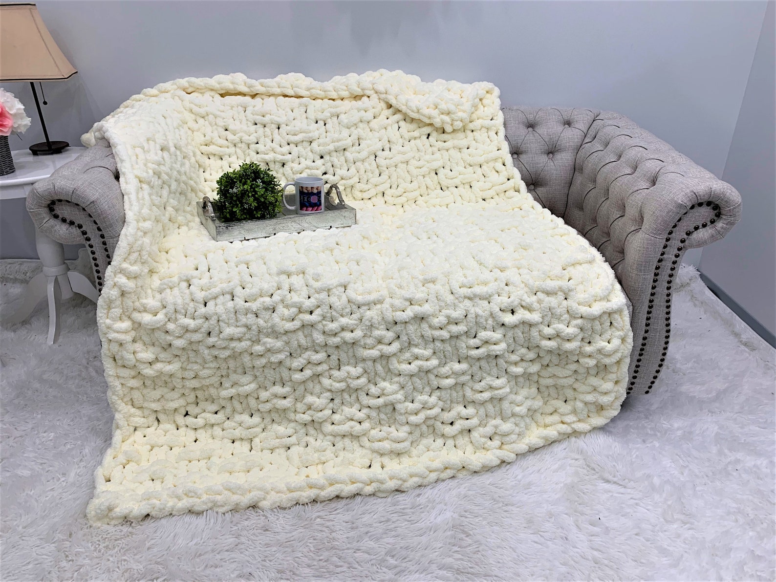 Chunky Knit Blanket Chunky Chenille Yarn Blanket 2x2 Basket Etsy