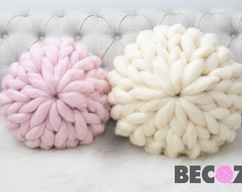 Round Pillow, Chunky Knit, Vegan Yarn, Decorative Ball Pillow