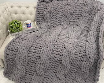 Chunky Knit Blanket, Cable Knit Chunky Chenille Blanket, Hand Knit
