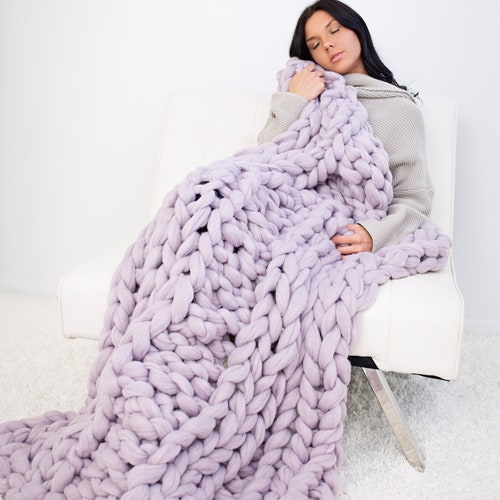Chunky Knit Blanket Chunky Vegan Yarn Blanket Double Rib Etsy