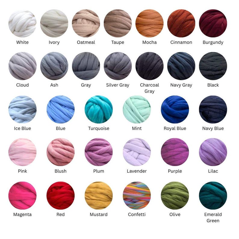 May include: A color chart featuring thirty circular samples of chunky yarn in various shades including white, ivory, oatmeal, taupe, mocha, cinnamon, burgundy, cloud, ash, gray, silver gray, charcoal gray, navy gray, black, ice blue, blue, turquoise, mint, royal blue, navy blue, pink, blush, plum, lavender, purple, lilac, magenta, red, mustard, confetti, olive, and emerald green.
