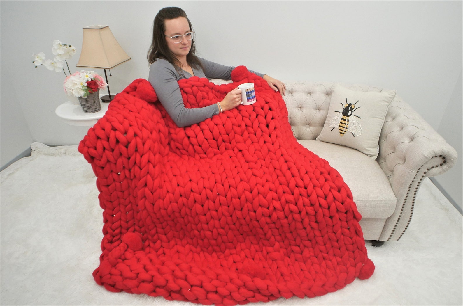 Chunky Knit Blanket Merino Wool Blanket With Pom Poms Merino Etsy