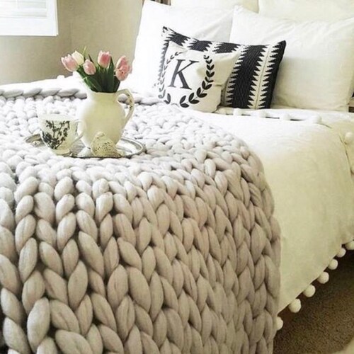 Merino Wool Chunky Knit Blanketmerino Wool Blanket Knitted Etsy