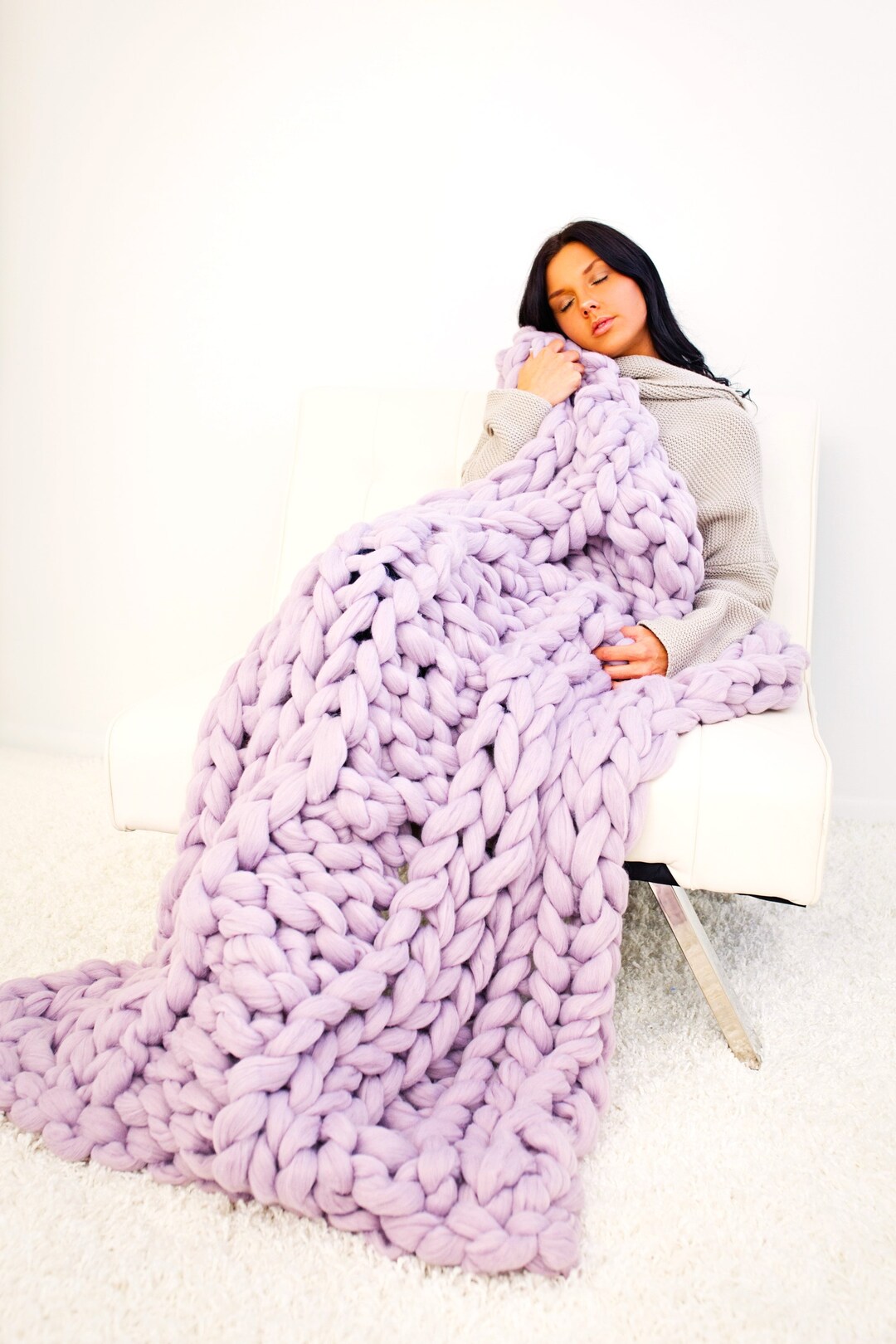 Chunky Knit Blanket, Chunky Vegan Yarn Blanket, Double Rib Pattern, Arm ...