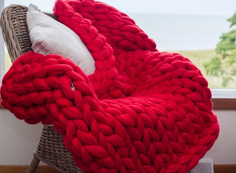 Chunky Knit Blanket with pom poms Arm Knit Throw Hand knit Etsy