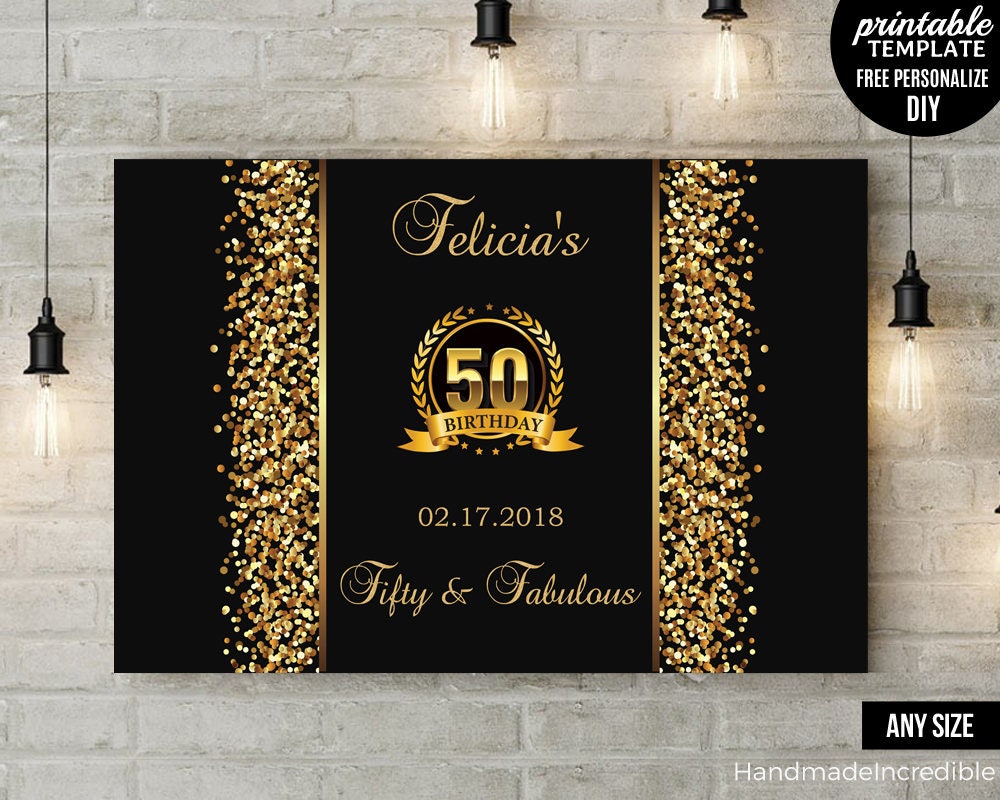  50th Birthday Party Backdrop Black and Gold Fifty and