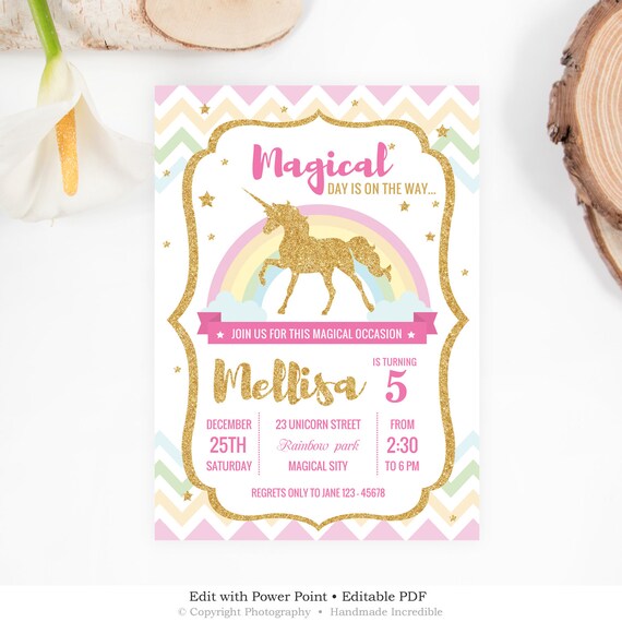 unicorn birthday invitation template gold and pink birthday invite editable birthday invitation girl birthday invitation digital item bd106 girl birthday invitation template