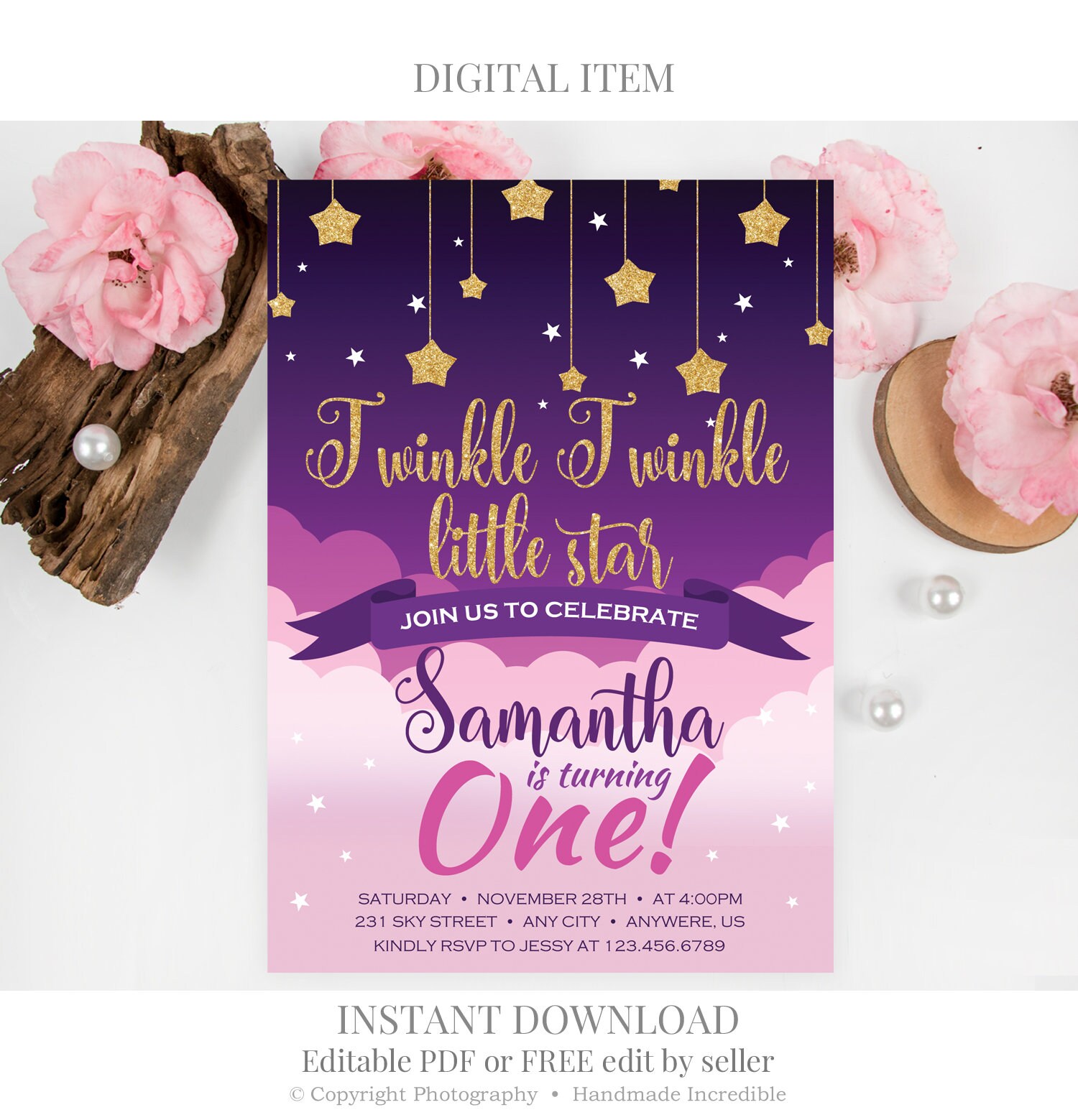 Twinkle Little Star Birthday Invitation Purple Pink and Gold | Etsy