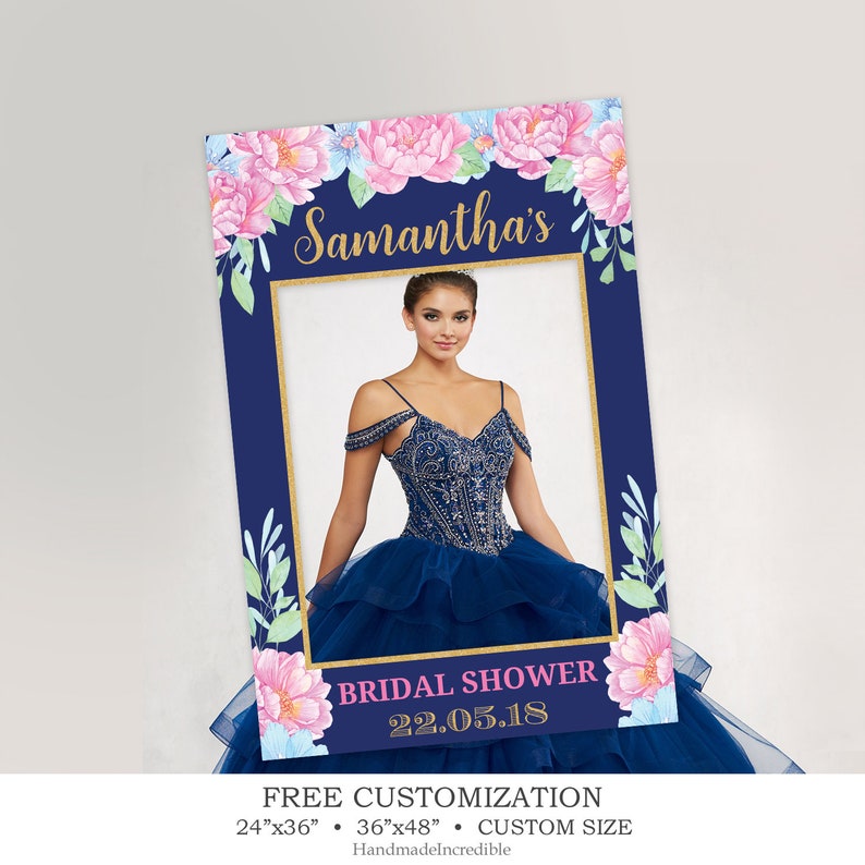 Navy Photo Prop Frame Template Printable Fl Booth Blush Pink And Blue Flower Selfie Diy Instant Pp32