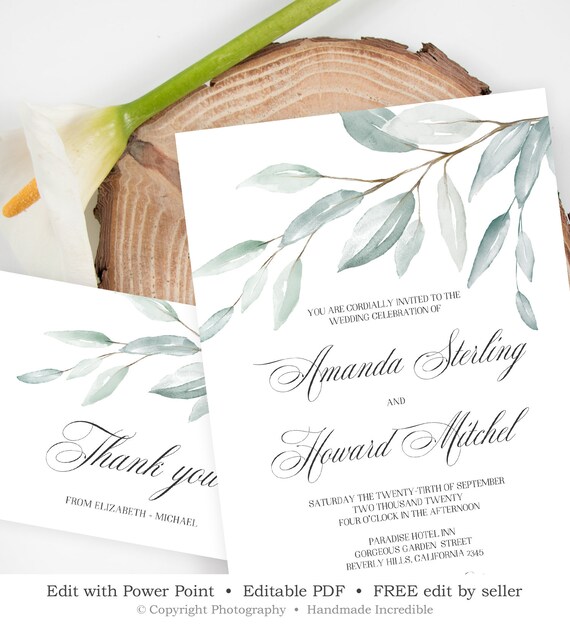 Editable Wedding Invitation Set Greenery Wedding Suite Etsy