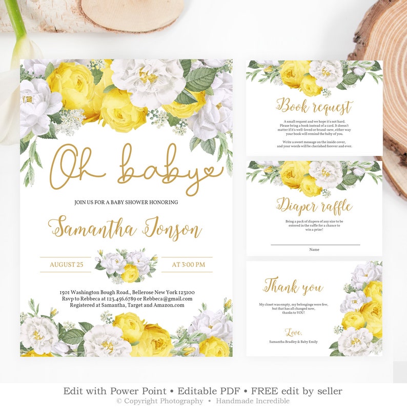 Yellow Baby Shower Invitation Template Editable White Roses Etsy