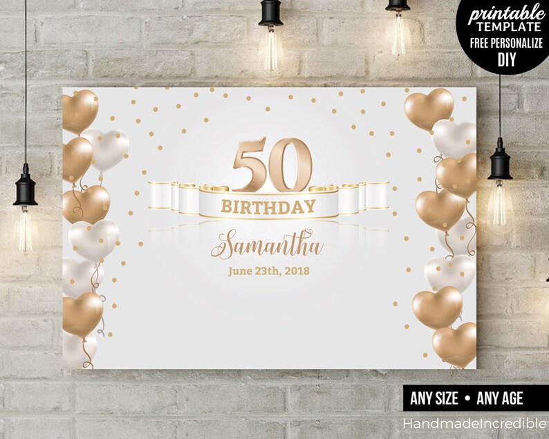 white and gold 50th birthday party backdrop bridal shower party backdrop pdf download banner any age bd21 50th birthday banner template