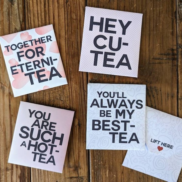 Printable Tea Bag Pouches with Punny Tea Sayings  ||  Fast DIY Valentine Gift for Tea Lover  ||  Hot-Tea  Cu-Tea  Best-Tea  Eterni-Tea