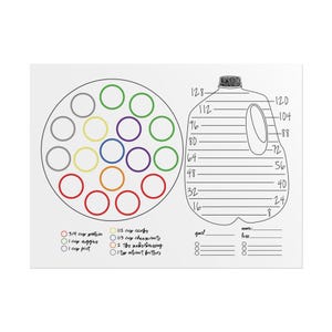 May include: A white, illustrated food guide with a milk jug outline and a circle of colorful rings. The jug has measurements in ounces. Text includes "3/4 cup protein", "1 cup veggies", "1 cup fruit", and "1/2 cup carbs".