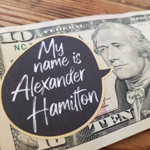 May include: A ten-dollar bill with a black speech bubble sticker that reads "My name is Alexander Hamilton" in white script. The bill features a portrait of Alexander Hamilton.