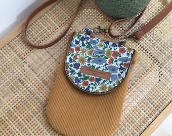 Pochette téléphone velours et Liberty, sac bandoulière, sac tendance