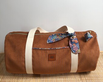 Sac polochon velours et Liberty, sac week-end, sac de voyage