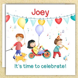 Carte d'anniversaire d'enfant personnalisée représentant une jolie parade d'enfants