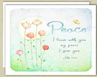 May include: A watercolour greeting card with a light blue background and a delicate floral design. The card features a quote from the Bible, John 14:27, "Peace I leave with you, my peace I give you."