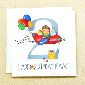 Carte d'anniversaire d'enfant personnalisée représentant un avion, un pilote et des ballons