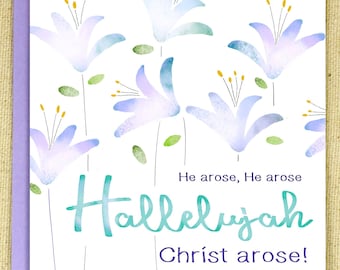 Christian Easter Card featuring the hymn "Up from the grave He arose" and whimsical lilies