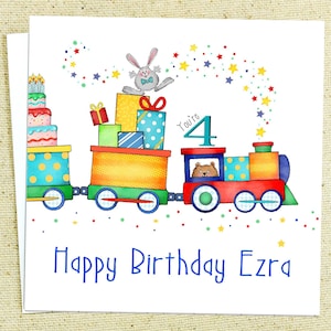 Carte d'anniversaire personnalisée pour enfant avec un train mignon et coloré rempli d'amusements d'anniversaire