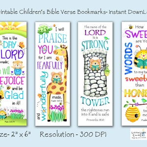 May include: Set of four printable bookmarks featuring colourful illustrations and Bible verses. The bookmarks are 2 inches wide by 6 inches tall and have a resolution of 300 DPI. The verses are: "This is the day the Lord has made; we will rejoice and be glad in it!" (Psalm 118:24), "I will praise you for I am fearfully and wonderfully made." (Psalm 139:14), "The name of the Lord is a strong tower; the righteous run into it and are safe." (Proverbs 18:10), and "How sweet are your words to my taste; sweeter than honey to my mouth." (Psalm 119:103).