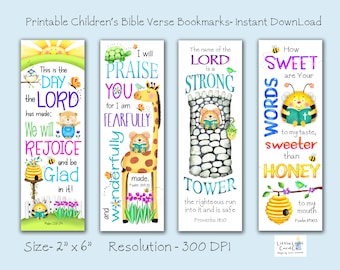 Set of 4 Printable Children's Bible Verse Bookmarks, Digital File Christian Bookmarks for Children