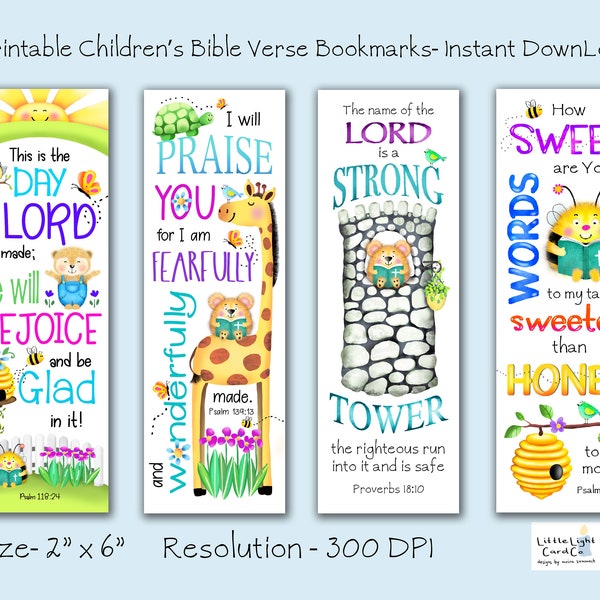 Set of 4 Printable Children's Bible Verse Bookmarks, Digital File Christian Bookmarks for Children