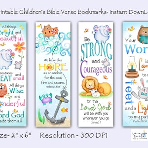 Set of 4 Printable Children&#39;s Bible Verse Bookmarks, Digital File Christian Bookmarks for Children