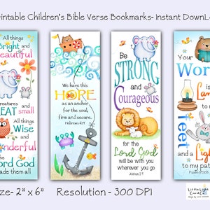 Set of 4 Printable Children's Bible Verse Bookmarks, Digital File Christian Bookmarks for Children