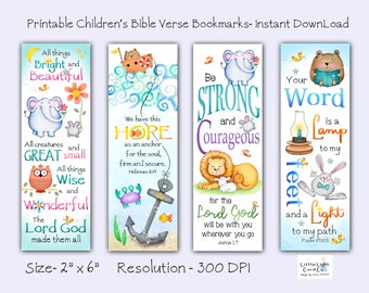 Set of 4 Printable Children's Bible Verse Bookmarks, Digital File Christian Bookmarks for Children