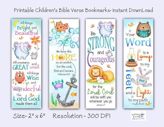 Set of 4 Printable Children's Bible Verse Bookmarks, Digital File Christian Bookmarks for Children