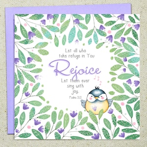 Carte de versets bibliques représentant Psaumes 5:11 et un joli oiseau chantant joyeusement