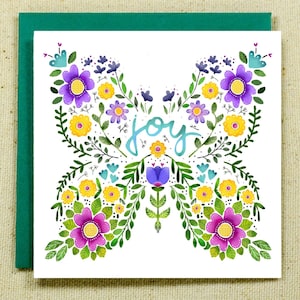 Carte de versets bibliques avec le mot « Joie », un papillon floral et les Écritures « La joie du Seigneur est votre force » - Néhémie 8:10.