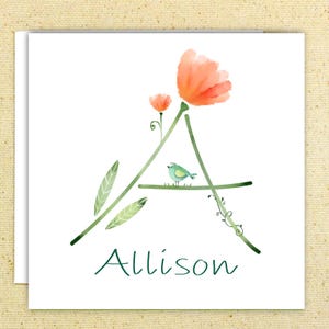 Carte d'anniversaire personnalisée avec initiale, fleurs, vigne et oiseau mignon