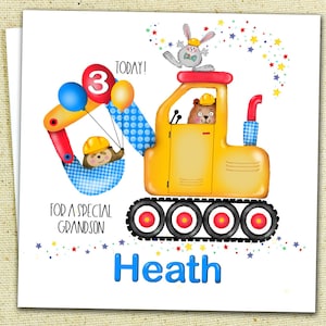 Carte d'anniversaire personnalisée pour enfants avec un excavateur en construction et des animaux mignons, carte d'anniversaire pour les 1 à 7 ans