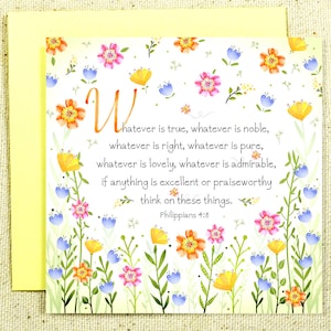 Carte de versets bibliques représentant le verset biblique Philippiens 4:8 « Tout ce qui est vrai, tout ce qui est noble... » avec bordure florale