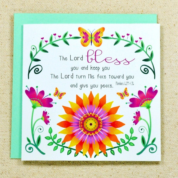 Tarjeta con versículos bíblicos florales, Números 6:24+26