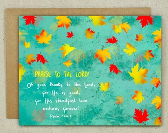 Scripture Thanksgiving Card  featuring Psalm 106:1 and Maple Leaves in the Autumn Season